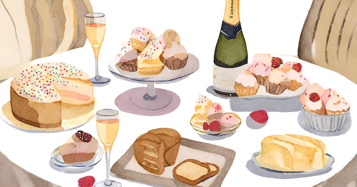 Learn how to pair Champagne and dessert. Image shows a watercolor illustration of a tray of desserts and sparkling wine.